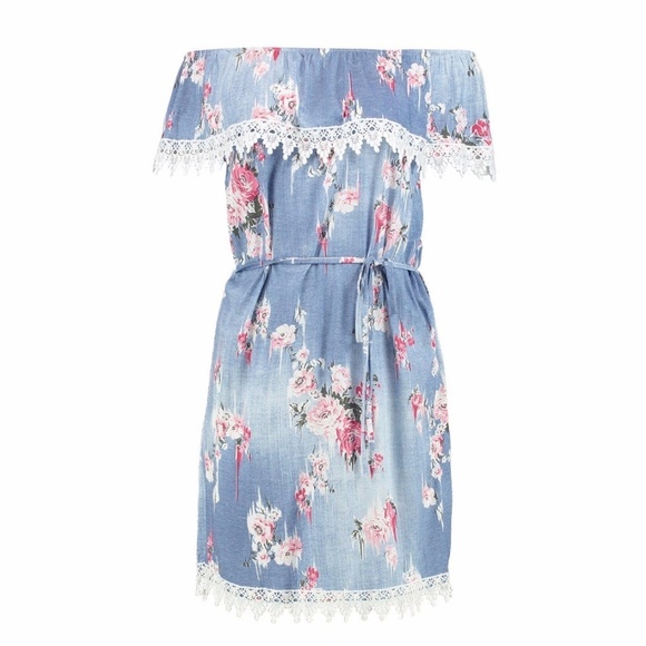 Floral Denim Loom Off The Shoulder Dress - Picture 4 of 8